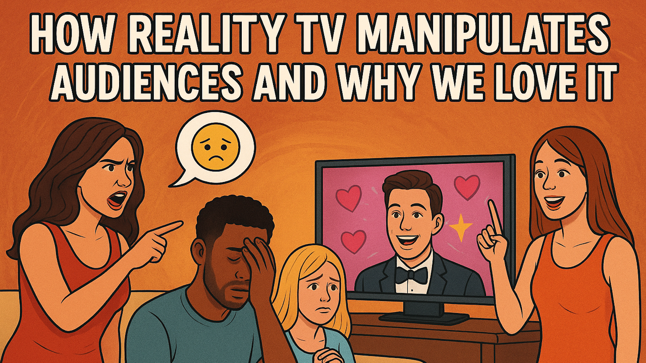 A group of people sitting together in a room, focused on a television screen displaying the text "HOW REALITY TV MANIPULATES AUDIENCES AND WHY WE LOVE IT." The individuals vary in gender and age, wearing casual clothing.