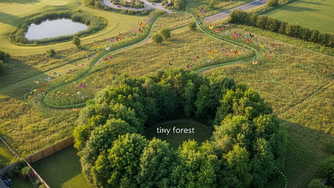 Aerial view of a vibrant tiny forest project: colorful butterfly sculptures line winding green paths through wildflowers, circling a dense tree grove beside a pond and golf course.