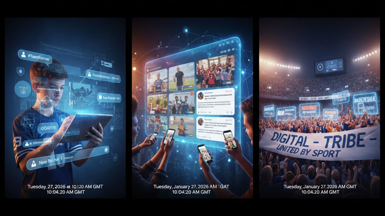 A young boy in a sports jersey holds a glowing futuristic tablet displaying social media feeds, fan photos, and stadium crowds, with holographic elements and a "Digital Tribe United by Sport" banner.