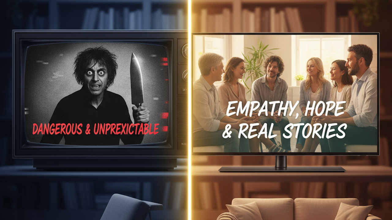 Split screen of old TV with scary figure and knife vs. modern TV with people and text "Empathy, Hope & Real Stories."