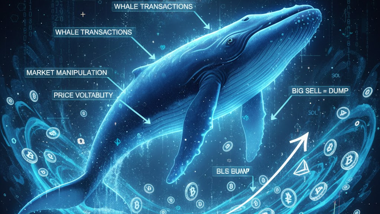 A futuristic digital illustration of a glowing blue whale encircled by crypto terms: whale transactions, market manipulation, price volatility, big sell = dump, SOL tokens, Bitcoin symbols, and an upward price arrow on a binary code background.