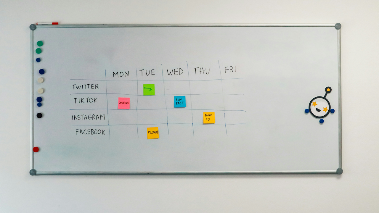 A wide shot of a whiteboard with a grid for a social media schedule. The rows are labeled for Twitter, TikTok, Instagram, and Facebook, and the columns for days of the week.