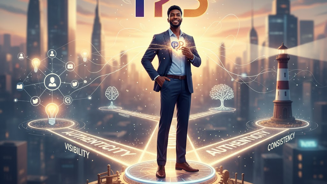 Confident man in suit on glowing platform holds "IP" emblem, surrounded by visibility, authenticity, consistency icons in cityscape.