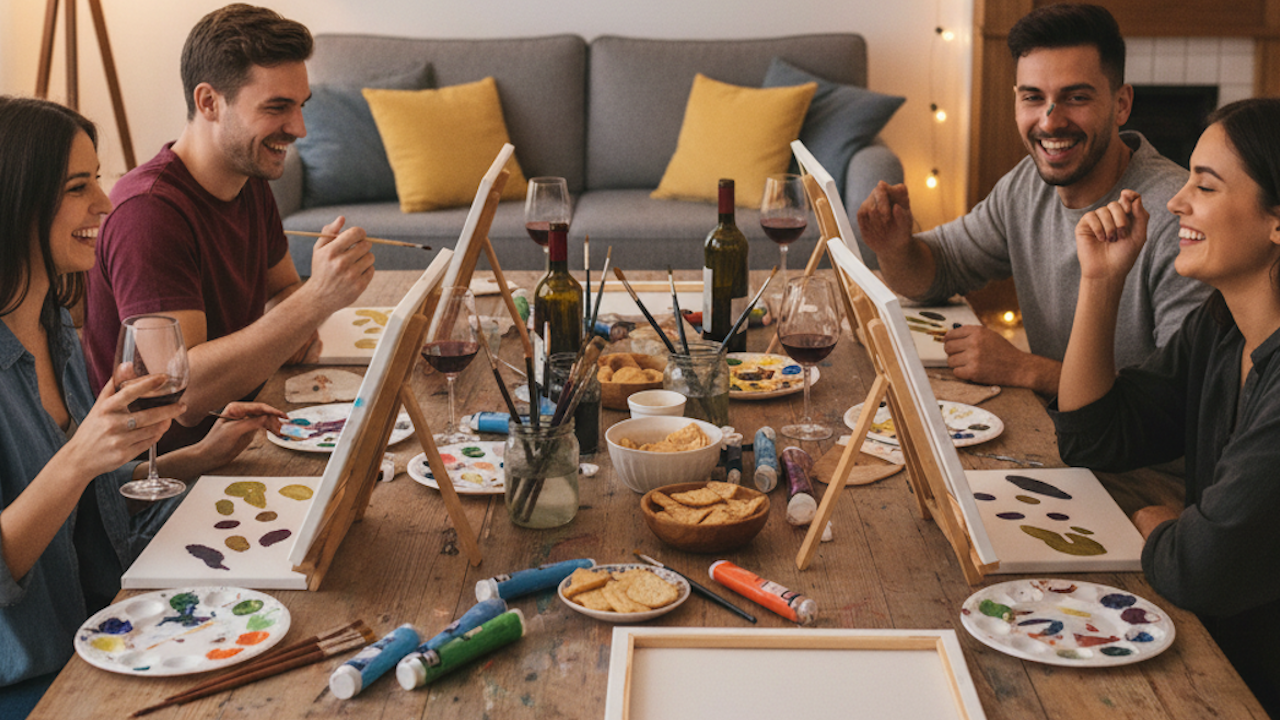 A group of men gathered around a table, painting together indoors. They are wearing casual clothing, with various tools and paint supplies scattered on the table. The atmosphere is collaborative and creative, as they share ideas while engaged in their activity.