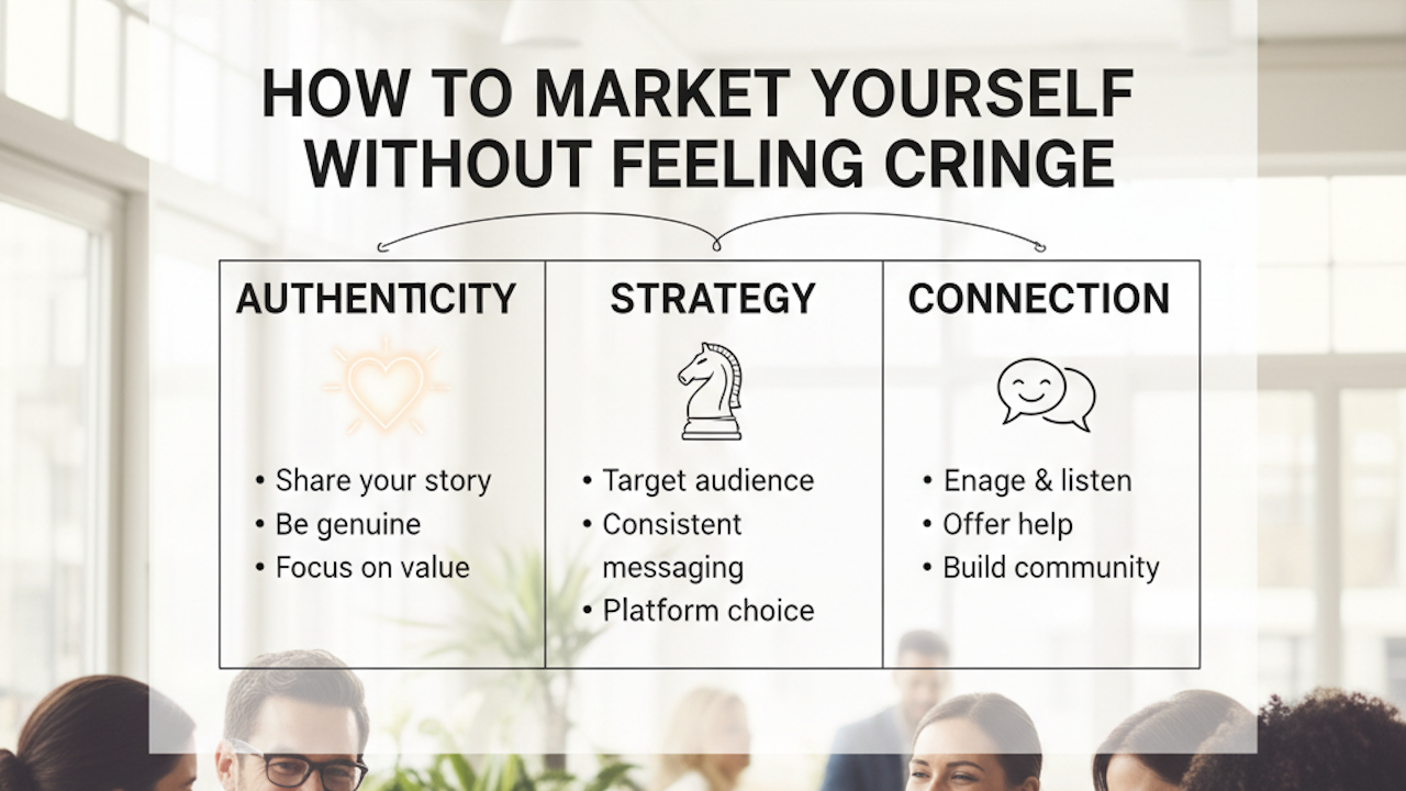 A diverse group of people, including a man wearing glasses, is gathered around a chart discussing marketing strategies. The chart features several phrases such as "Share your story," "Target audience," and "Build community." They are engaged and appear focused on the content being presented.