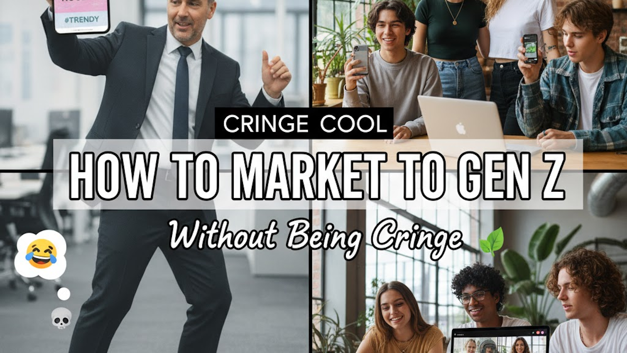 Collage of a businessman and Gen Z youth with "How to Market to Gen Z Without Being Cringe" text and emojis.