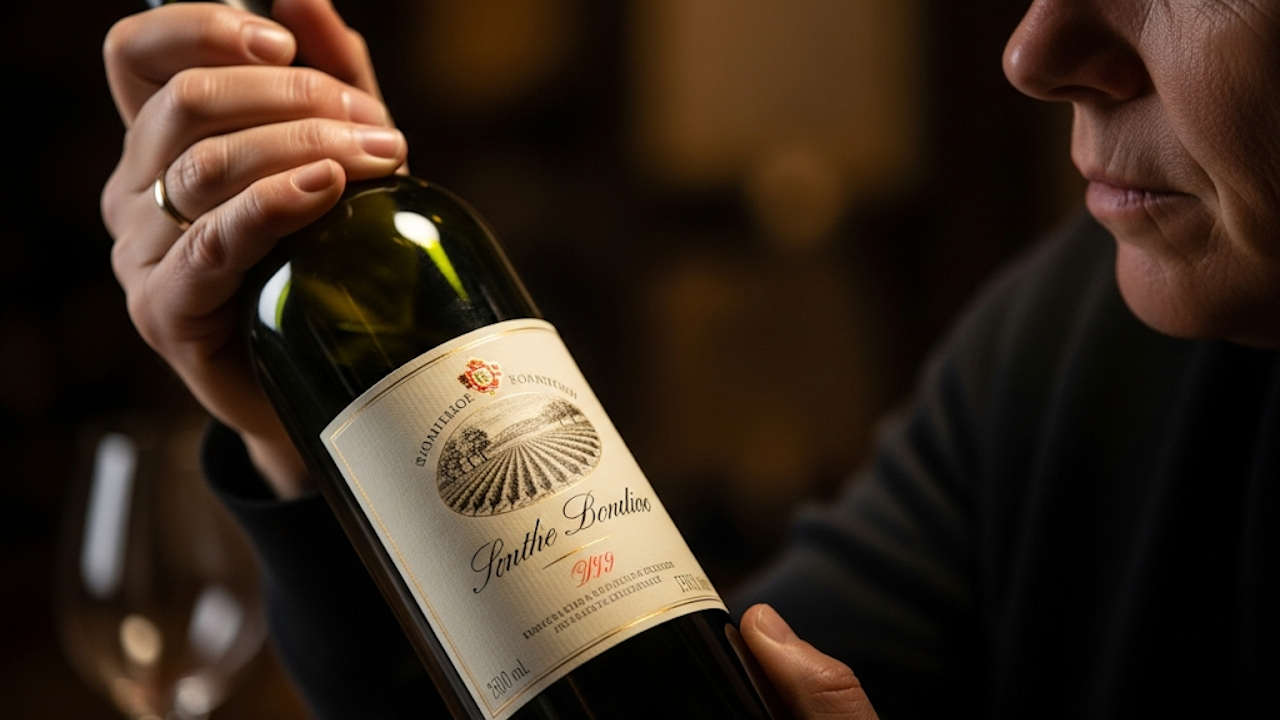A person holds a bottle of wine, examining the label. The label reads "Sauternes Boutillac" and "1994," indicating it is a vintage from that year. The background is dimly lit and out of focus, suggesting a wine cellar or a similar setting.
