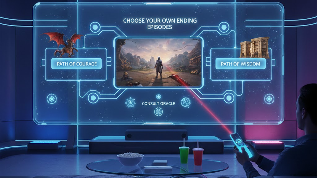 A futuristic living room with a large glowing blue holographic TV showing an interactive fantasy adventure: "CHOOSE YOUR OWN ENDING EPISODES." Central scene features a lone warrior in dramatic ruins. Side options: "PATH OF COURAGE" with a fierce red dragon, "PATH OF WISDOM" with an ancient grand library. Glowing circuit patterns frame the screen. A viewer on the couch holds a high-tech remote with laser pointer, beside popcorn and colorful drinks on a glass table.