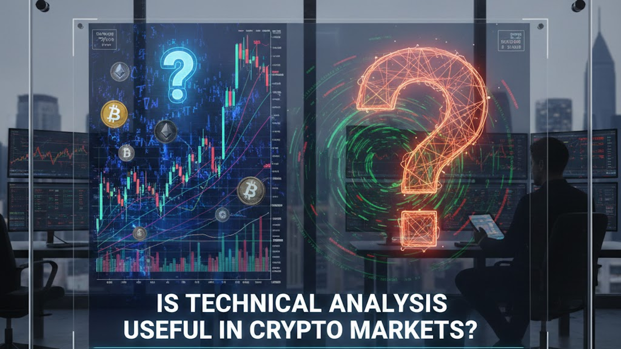 Futuristic crypto trading dashboard with glowing question marks over candlestick charts, Bitcoin symbols, and abstract network visuals questioning technical analysis effectiveness.