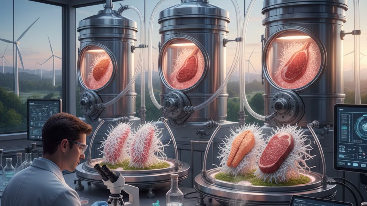 Scientist in high-tech lab growing cultured meat in bioreactors, with wind turbines visible outside.