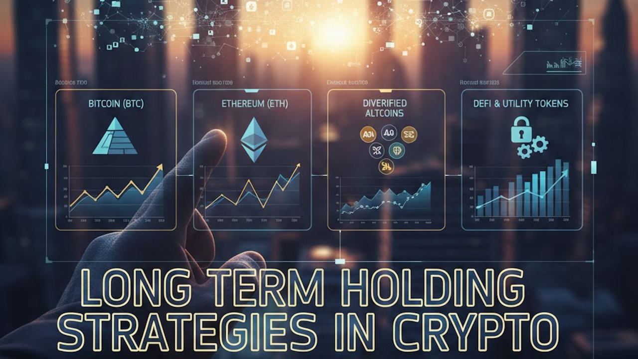 Futuristic crypto dashboard illustrating long-term holding strategies: charts for Bitcoin, Ethereum, diversified altcoins, and DeFi/utility tokens with upward trends and network visuals.