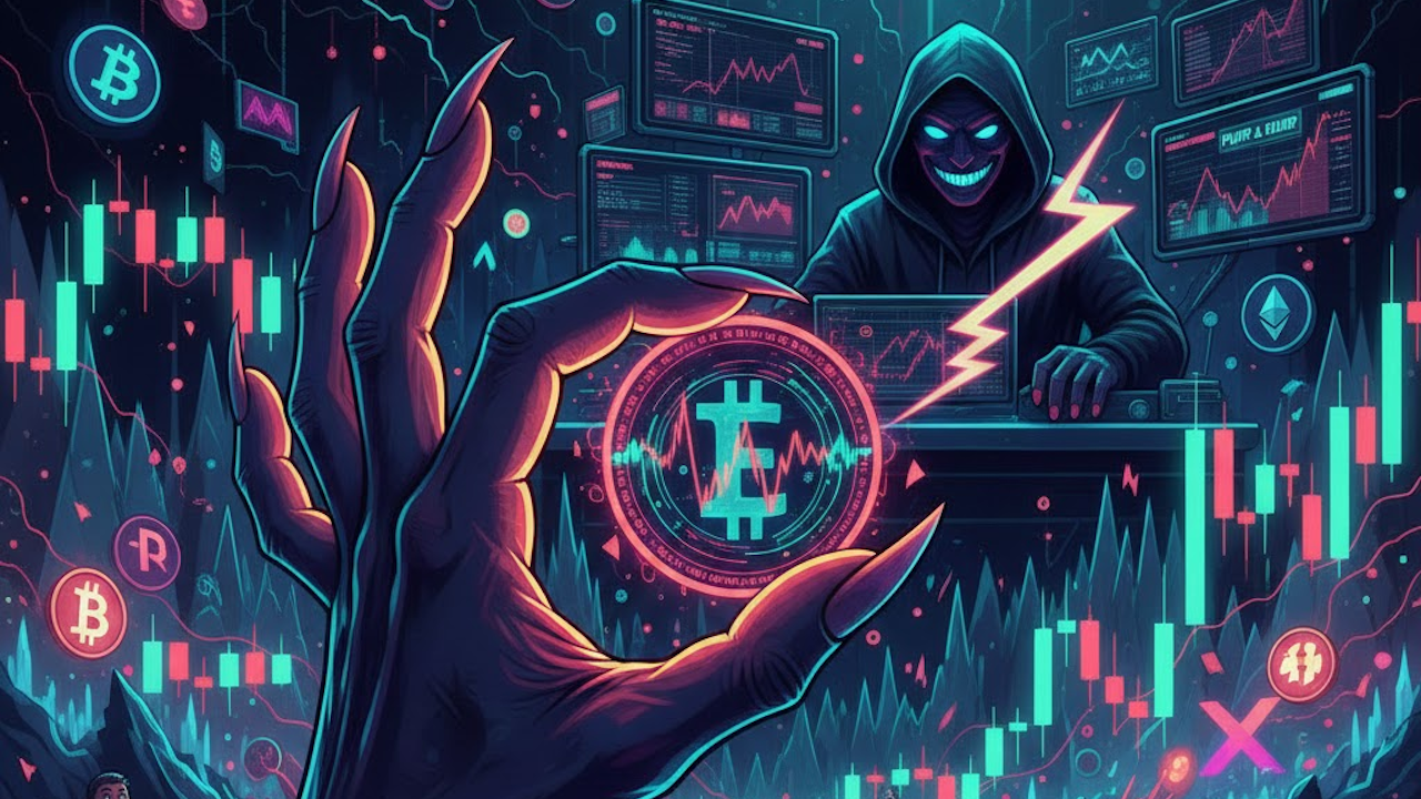 A hooded hacker with glowing eyes grips a shining Bitcoin in a claw-like hand amid neon crypto charts, candlesticks, and lightning in a dark cyber-trading scene.