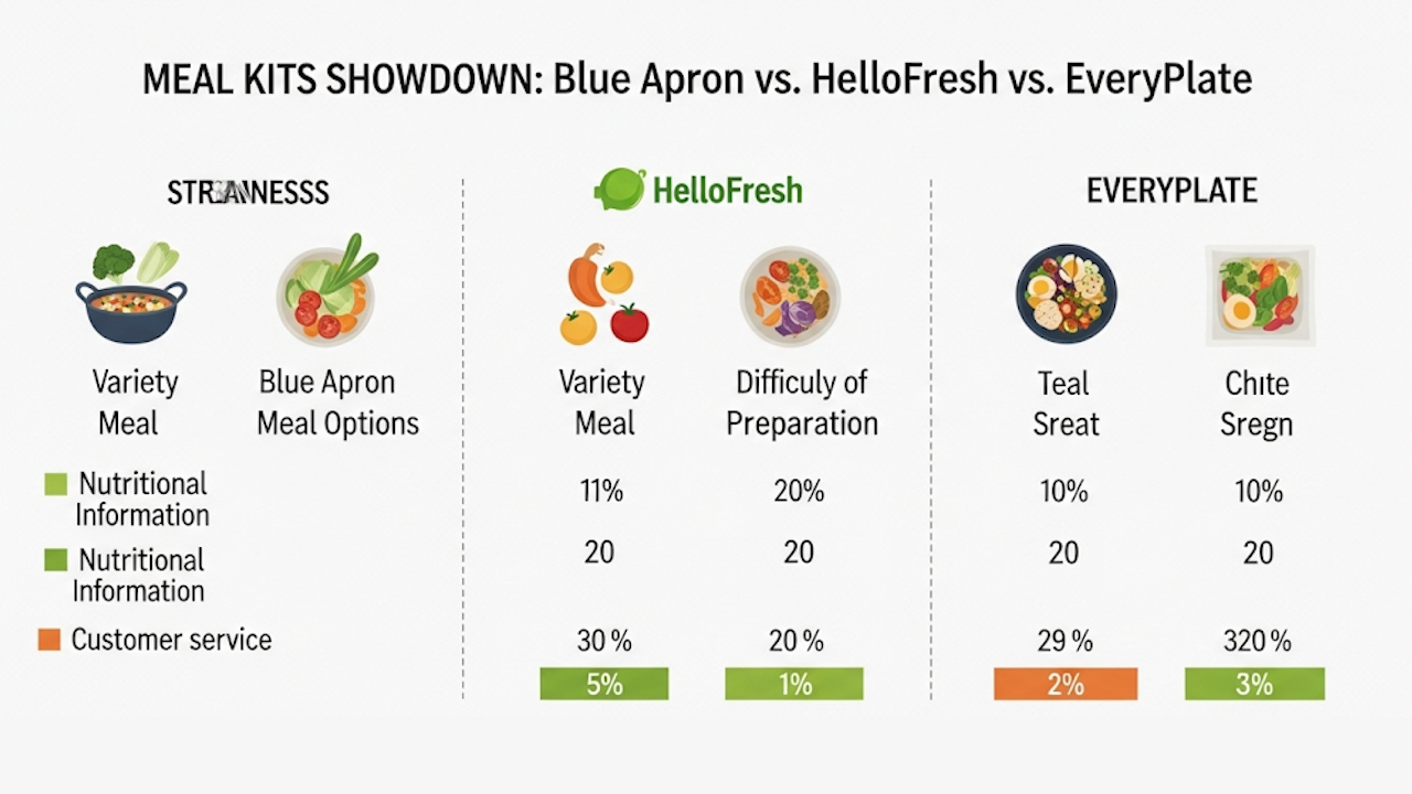 A graphic comparing three meal kit services: Blue Apron, HelloFresh, and EveryPlate. The graphic is divided into three vertical sections, one for each brand. Each section has a heading, an icon, and a list of two attributes with a percentage or number value. The HelloFresh section has three attributes listed below the meal icon. There are two color-coded bar graphs at the bottom of the HelloFresh and EveryPlate sections. The bottom of the image has a key for the color-coded bar graphs.