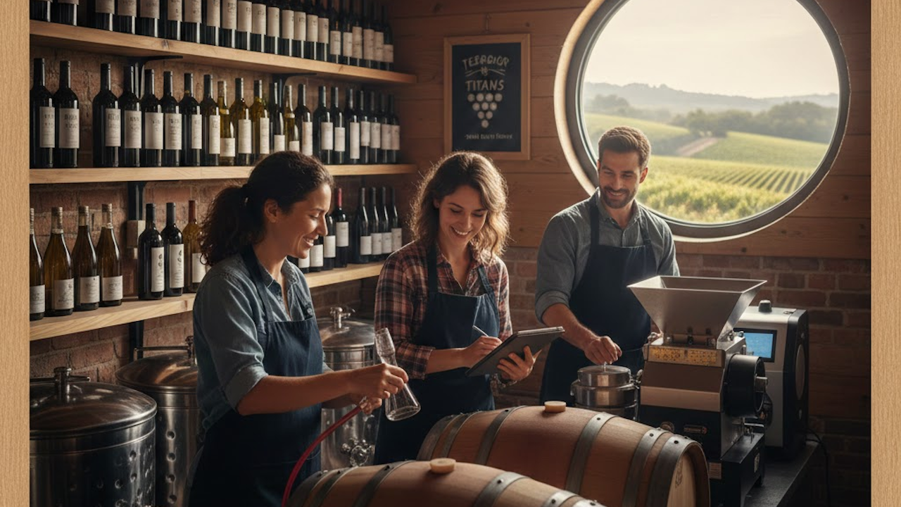 Three smiling winemakers in a rustic cellar review notes on a tablet beside barrels and a grape crusher, with vineyard view through round window.