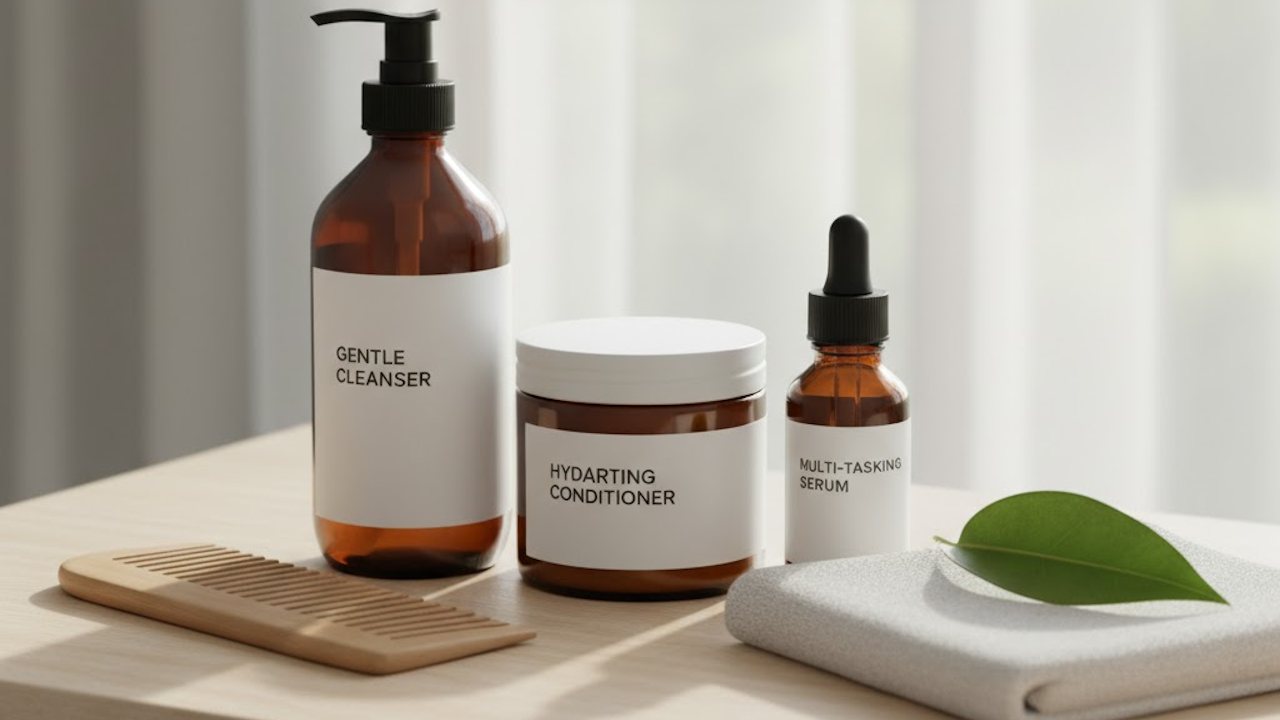 Gentle cleanser, hydrating conditioner, multi-tasking serum in amber bottles with wooden comb, towel, and green leaf.