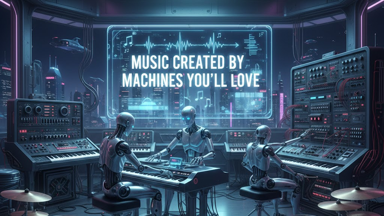 Two gleaming humanoid robots with glowing blue eyes collaboratively create electronic music on synthesizers in a neon-drenched futuristic studio, with floating waveforms and holographic displays.