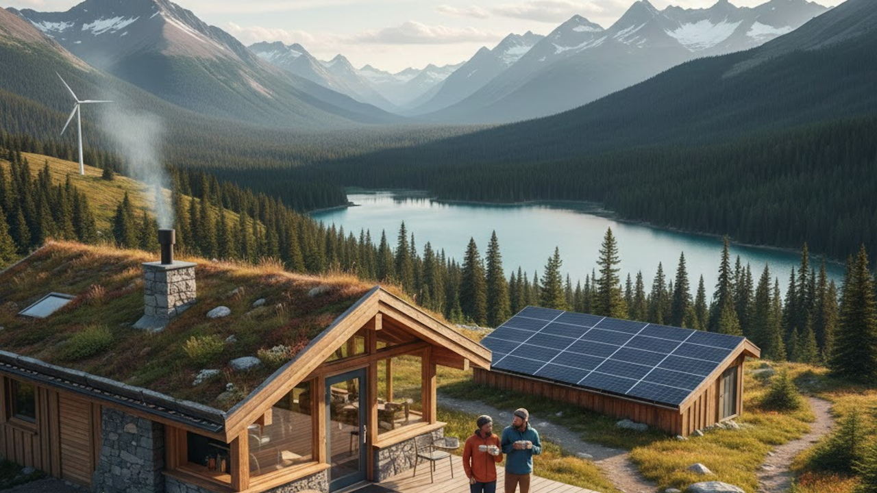 A cozy off-grid wooden cabin with a living green roof, solar panels, and wind turbine, perched on a hillside overlooking a serene turquoise mountain lake surrounded by evergreen forests and snow-capped peaks. Two people stand outside holding mugs.