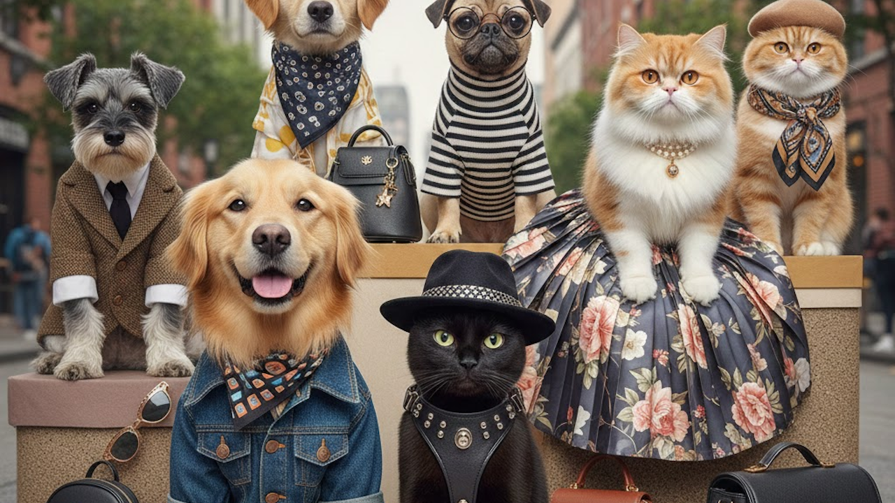 A whimsical group of fashionably dressed pets posing on urban steps: suited dogs, pugs in glasses and scarves, cats in berets, pearl necklaces, floral skirts, hats, and bandanas.