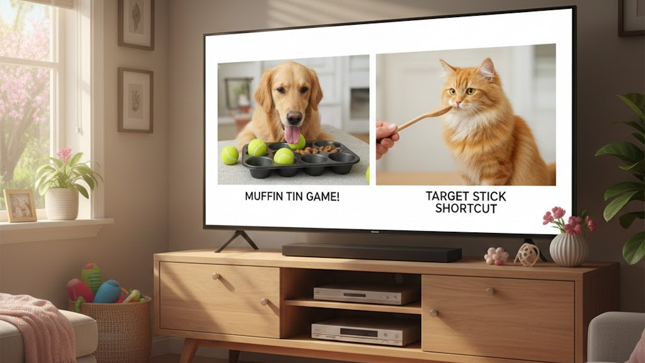 Living room TV showing pet games: golden retriever near muffin tin with tennis balls labeled "Muffin Tin Game!" and orange cat holding target stick labeled "Target Stick Shortcut."