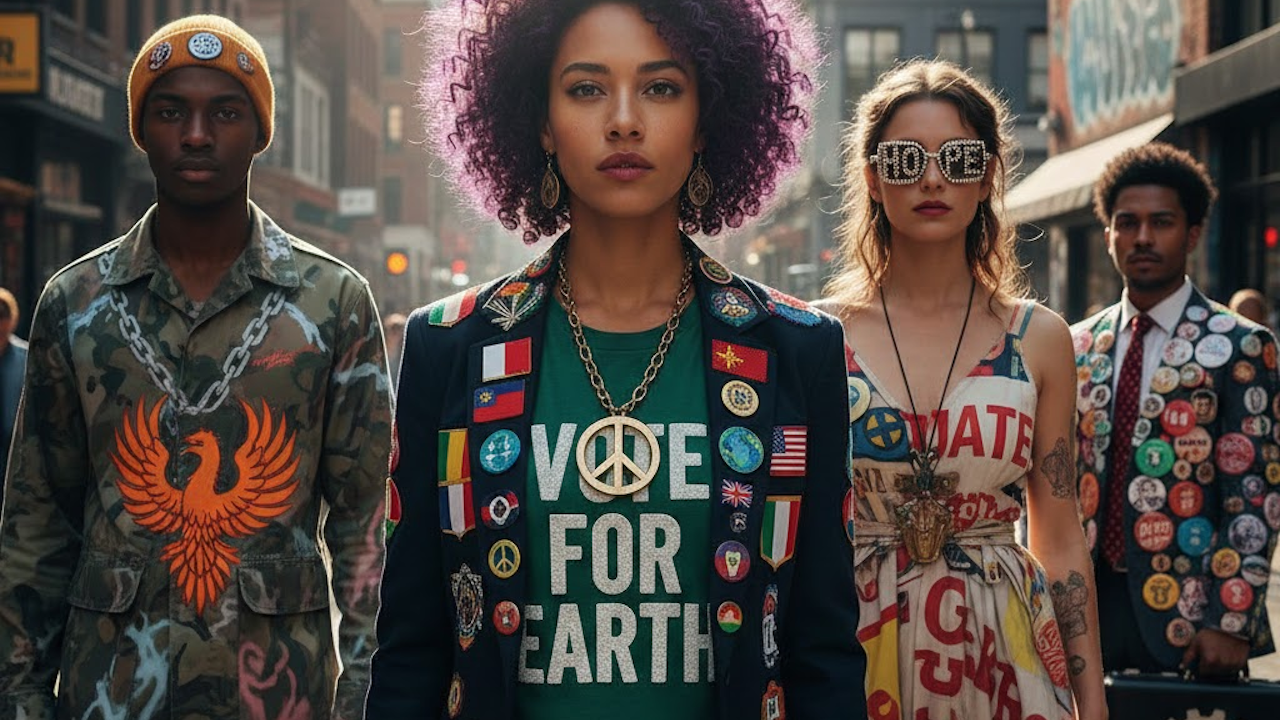 Diverse group of four young activists in vibrant, pin-covered streetwear stands in urban setting. Central woman wears green "VOTE FOR EARTH" shirt with peace sign and phoenix jacket.