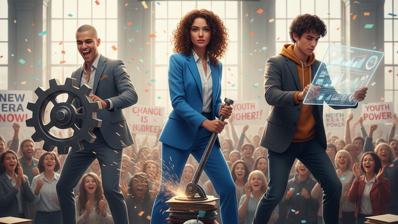 Three young adults stand triumphantly in a celebratory crowd: one holds a large gear, one swings a sledgehammer, and one displays a holographic data screen, with confetti falling everywhere.