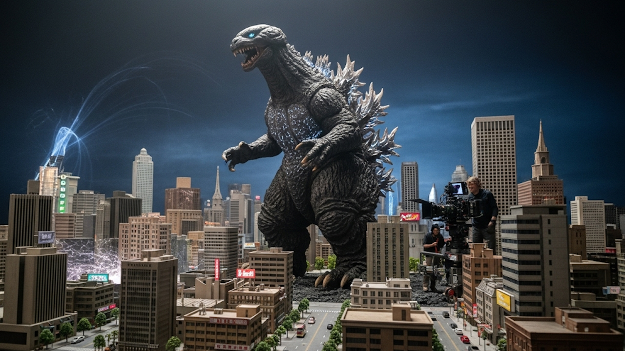 A large statue of a monstrous creature stands prominently amidst tall skyscrapers in a bustling cityscape, with the skyline and blue sky providing a dynamic backdrop.