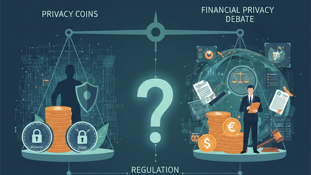 A balanced scale weighing privacy coins (Monero and Zcash with padlocks) against regulation and legal oversight, with a central question mark symbolizing the financial privacy debate.