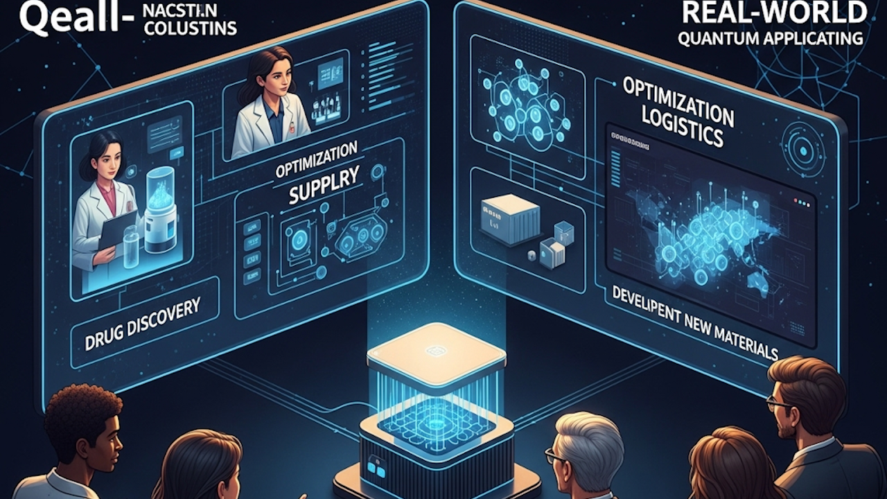 Illustration of people observing futuristic holographic displays showing quantum computing applications in drug discovery, supply chain optimization, logistics, and new materials development.
