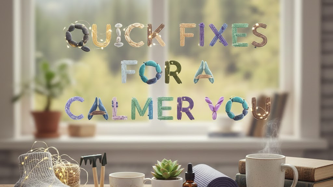 Artistic text "QUICK FIXES FOR A CALMER YOU" made from colorful yarn, beads, and natural materials, lit by fairy lights on a sunny window, with calming props like plants, oils, mug, and books below.