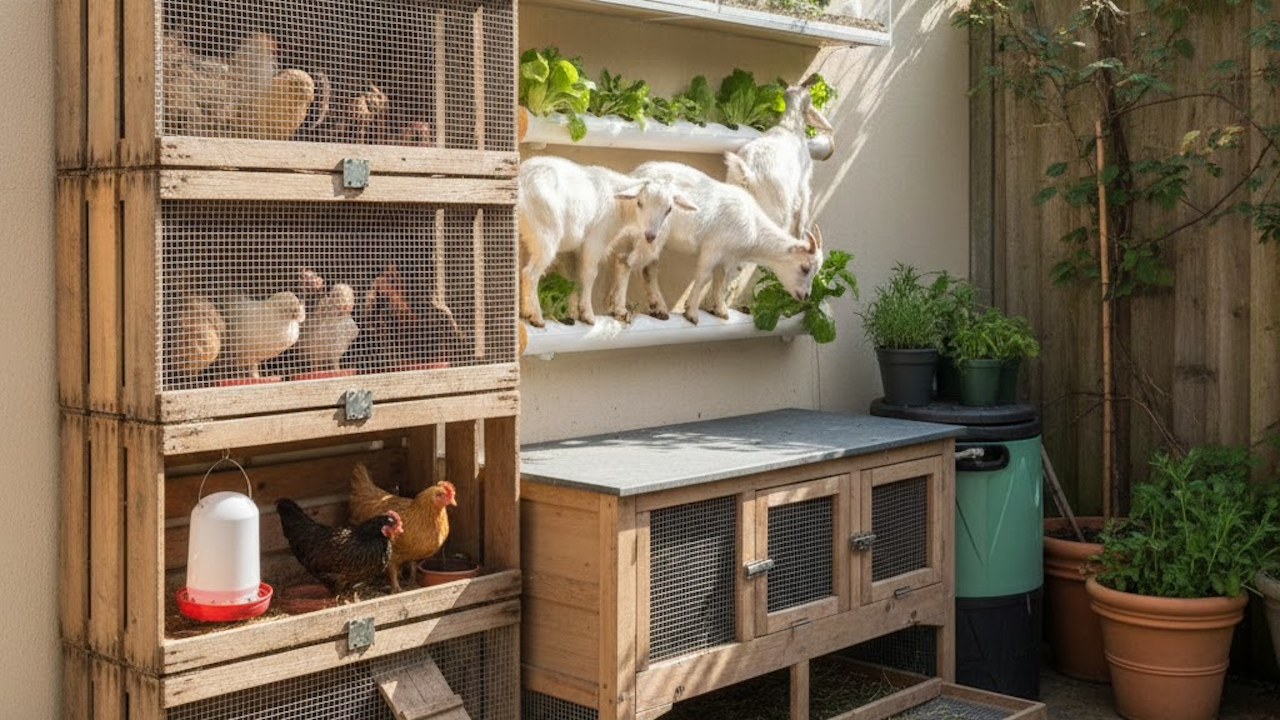 A compact urban backyard with stacked wooden chicken coops full of hens, wall-mounted shelf with three white baby goats eating lettuce, potted herbs, and garden tools.
