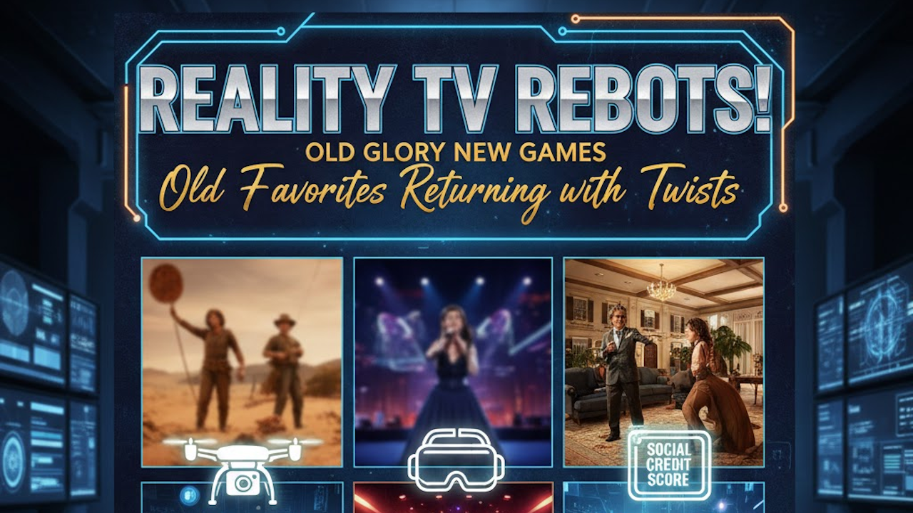 Futuristic promo banner for "REALITY TV REBOTS!": dystopian reboots of classic shows with twists—desert survival with drones, VR performance stage, luxury mansion under social credit surveillance, neon cyberpunk design with monitors and tech overlays.
