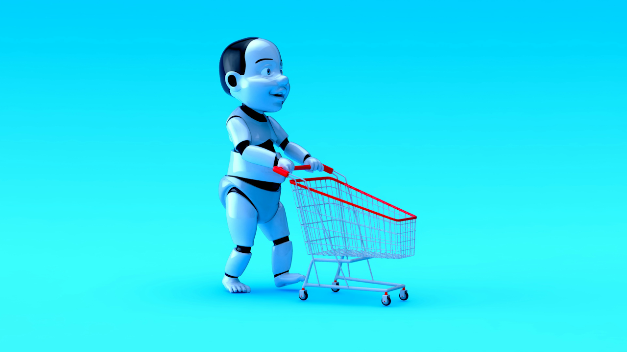 A robot pushing a shopping cart filled with various items in a bright, colorful environment.