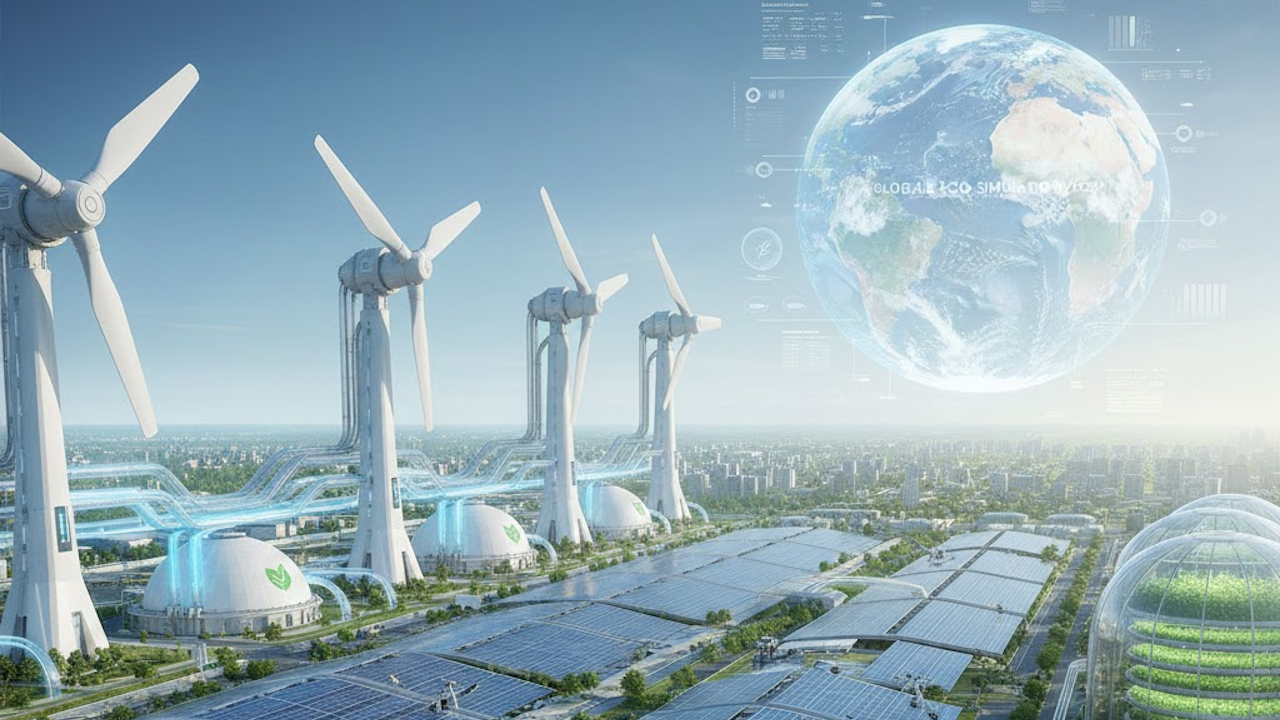 Futuristic eco-city with towering white wind turbines, massive geodesic domes covered in solar panels, interconnected glowing energy conduits, vast greenhouses, and a large holographic Earth globe overhead.