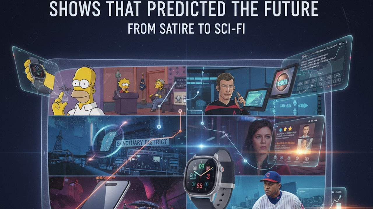 Collage of TV shows predicting future tech, from satire to sci-fi, featuring smartwatches and futuristic scenes.