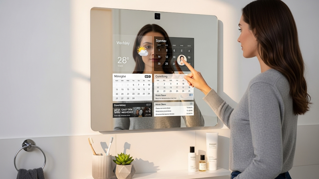 Woman interacting with smart mirror displaying weather, calendar, and notifications in a modern bathroom setting.