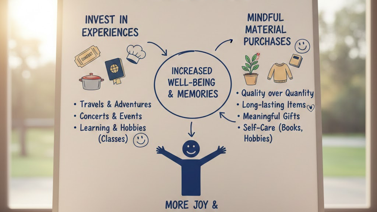 Infographic showing how investing in experiences like travel, concerts, and hobbies creates more lasting well-being and joy than material purchases, with quality over quantity emphasized.