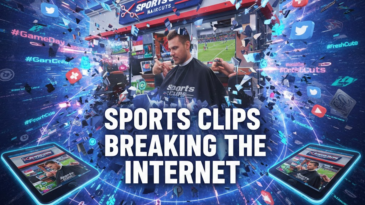 Vibrant promotional image of a Sports Clips barber in a cape getting a haircut, surrounded by exploding confetti, sports screens, Twitter logos, hashtags like #GameDay and #FreshCut, and glowing tablets showing the barber, with bold text: "SPORTS CLIPS BREAKING THE INTERNET".