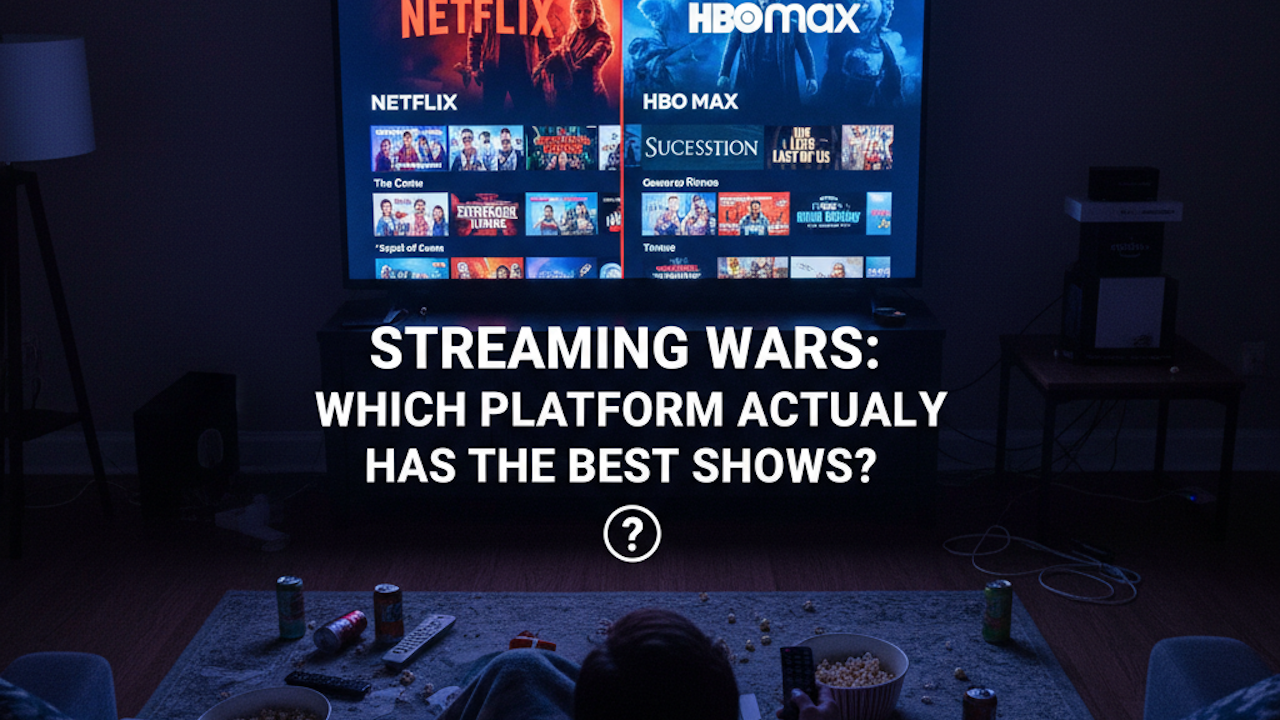 A screenshot of a television displaying the text "NETFLIX HBO MAX SUCCESSION STREAMING WARS: WHICH PLATFORM ACTUALLY HAS THE BEST SHOWS?" The content is presented on a screen in an indoor setting.