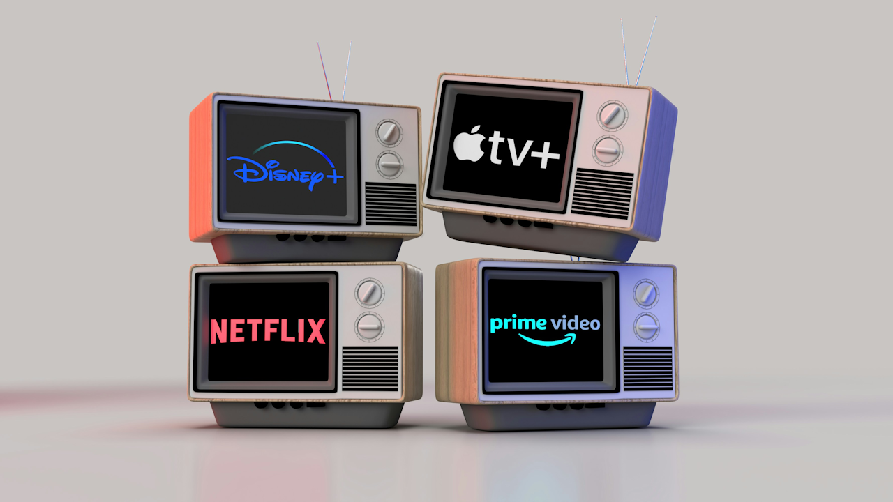 A group of square televisions displaying various logos including vtv+, Disney+, NETFLIX, and Prime Video.