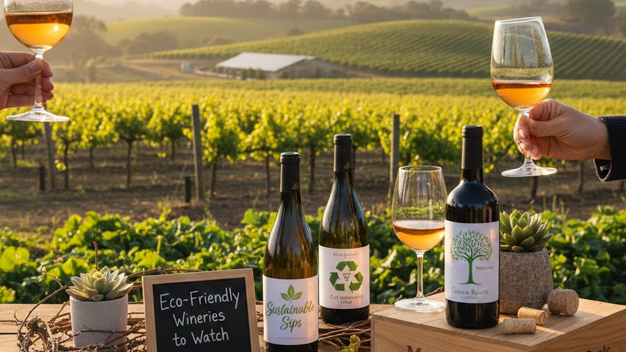 The image depicts a serene, eco-conscious wine tasting scene set in a lush vineyard at golden hour. In the foreground, hands hold glasses of pale orange/rosé wine, with several sustainable-labeled bottles displayed on a wooden crate: Sustainable Sips, Cox Underwood (likely a fictional or stylized label), and Green Roots, accompanied by a small chalkboard sign reading "Eco-Friendly Wineries to Watch," succulents, and scattered corks. Rolling green vineyard rows stretch into the misty background under a soft sunrise/sunset sky.