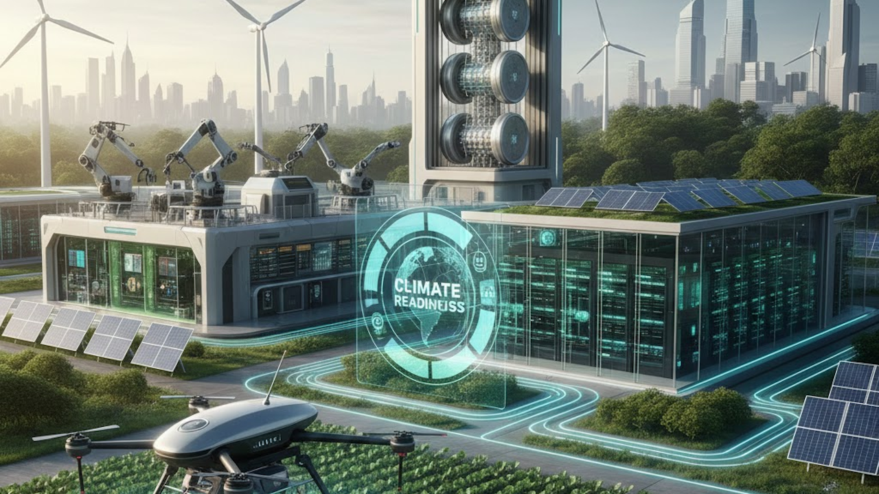 Futuristic climate readiness facility with solar panels, wind turbines, robotic arms, drones, and glowing holographic globe display in a green urban landscape.