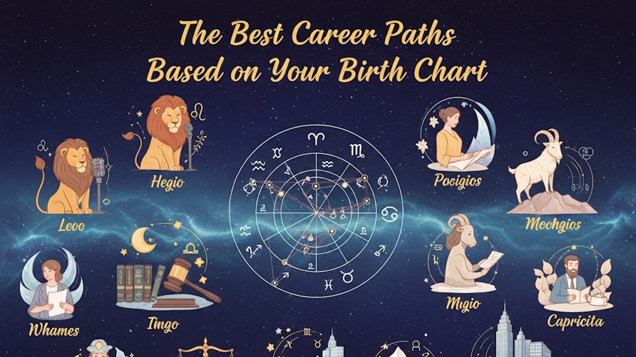 The image shows an infographic titled "The Best Career Paths Based on Your Birth Chart." It features stylized illustrations of zodiac signs and their associated archetypes.