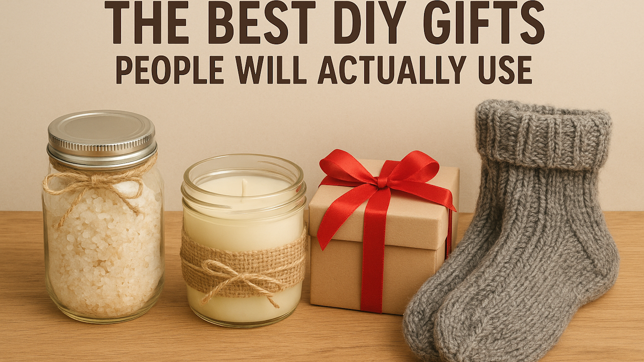 A lit candle beside a decorative box tied with a ribbon, next to a pair of colorful socks arranged on a flat surface.