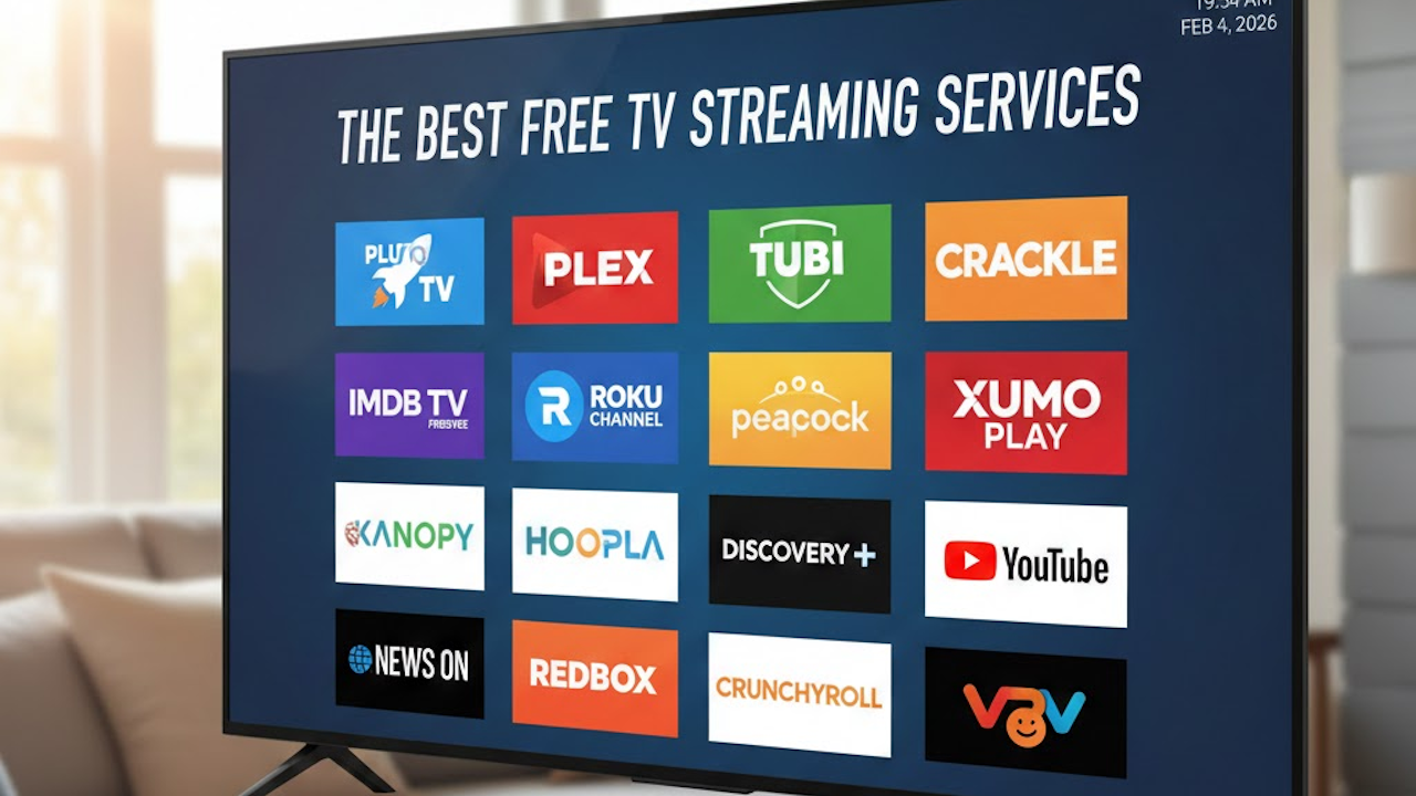 TV screen showing top free streaming services on Feb 4, 2026: Pluto TV, Tubi, Plex, Roku Channel, Peacock, Xumo, Kanopy, Hoopla, and more.