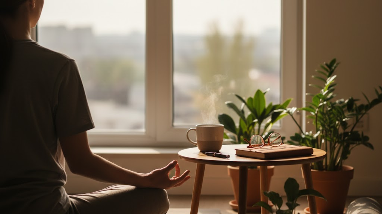 Person meditating by window, with cup, book, glasses, and plants on a table in a serene room.