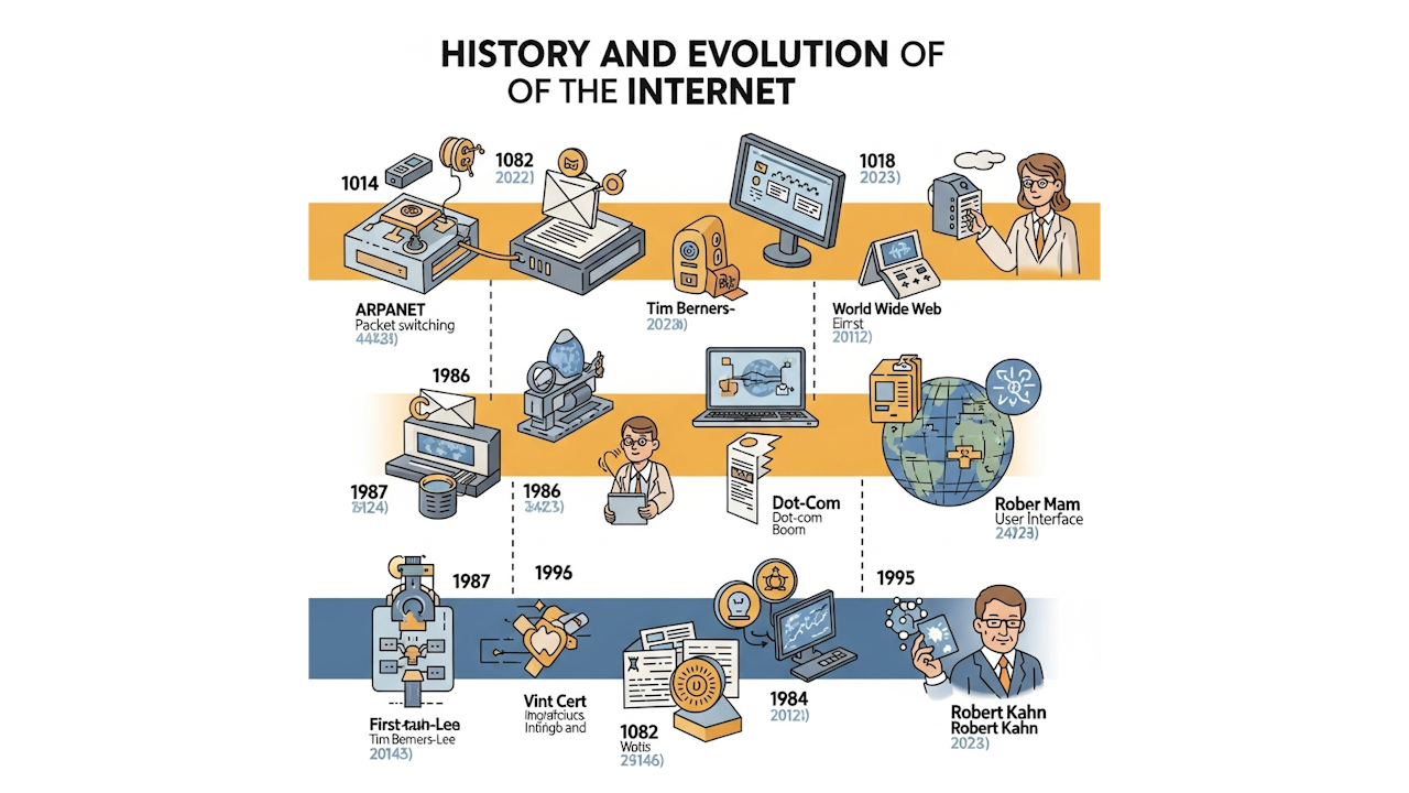 A timeline illustrating the history and evolution of the internet, featuring key milestones such as ARPANET, packet switching, the World Wide Web, and notable figures like Vint Cerf and Robert Kahn. The design includes text elements that are cartoonish in style and resembles a screenshot or LEGO arrangement.
