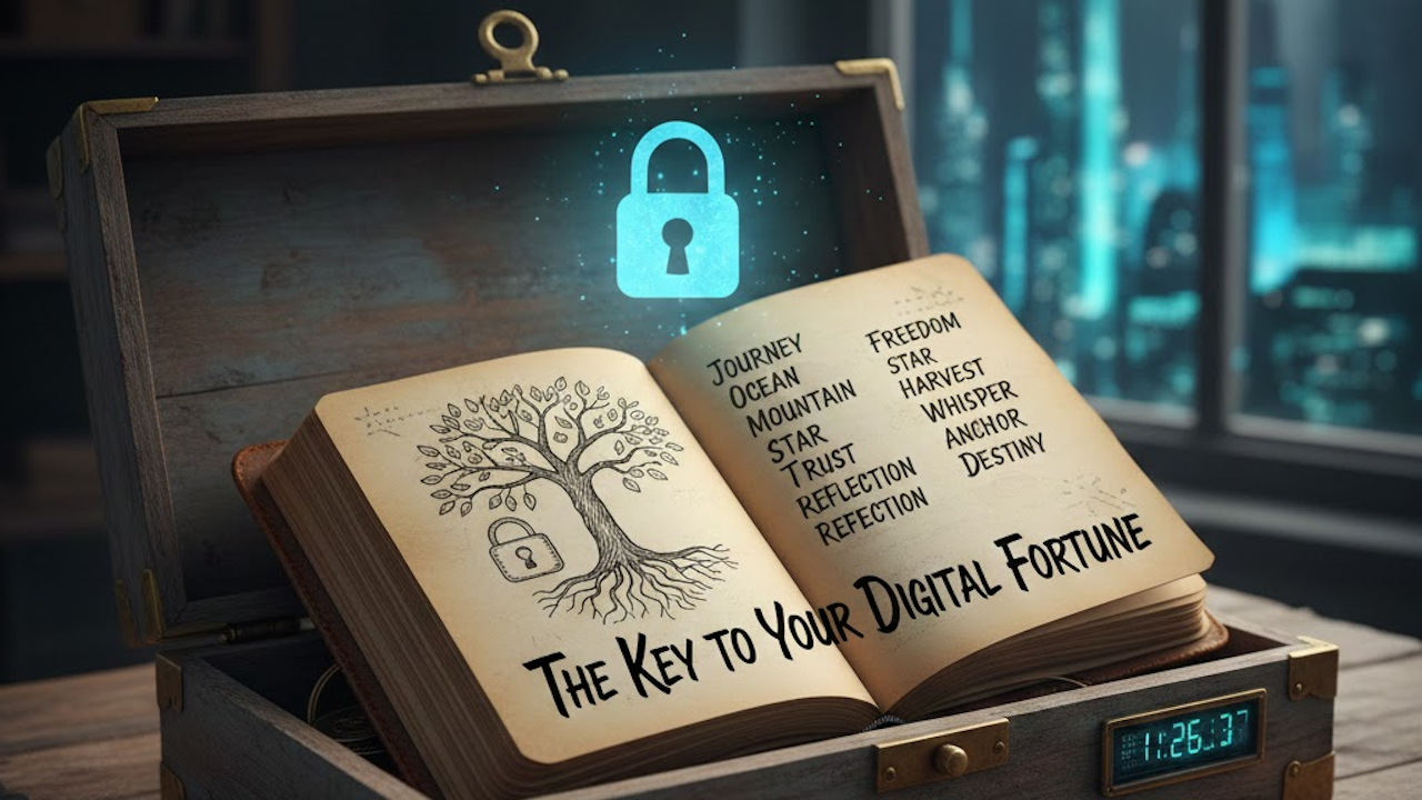 Open treasure chest reveals glowing unlocked padlock above an ancient book titled "The Key to Your Digital Fortune" with mystical words like Journey, Freedom, Star.