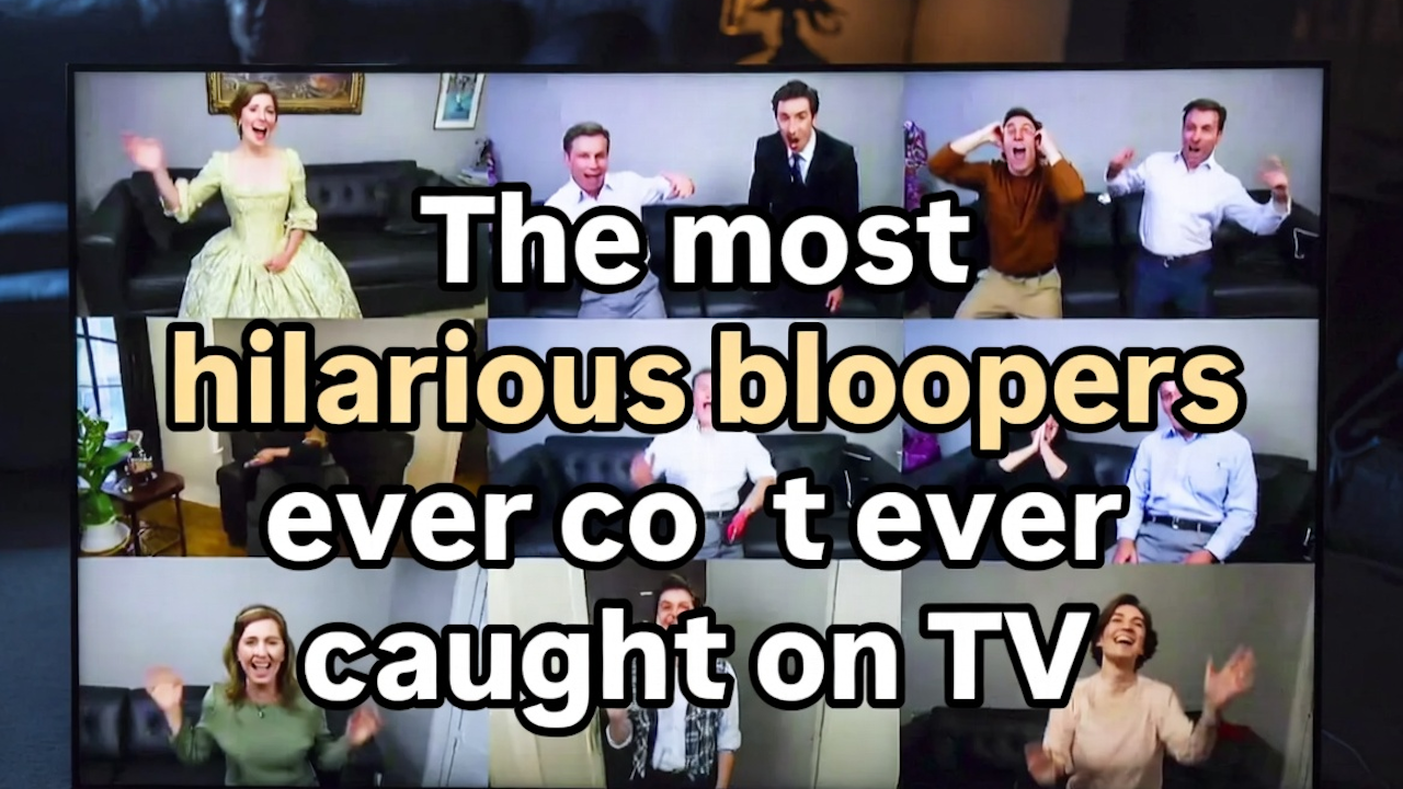 TV screen thumbnail: "The most hilarious bloopers ever caught on TV" over grid of laughing actors in various outfits.