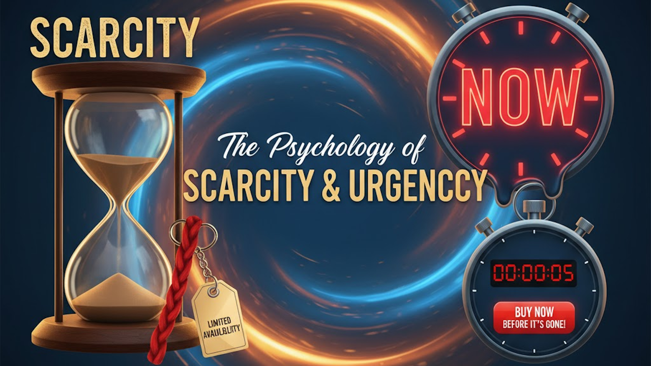 Hourglass and stopwatch graphic: "The Psychology of Scarcity & Urgency" with "Buy Now Before It's Gone!" button.