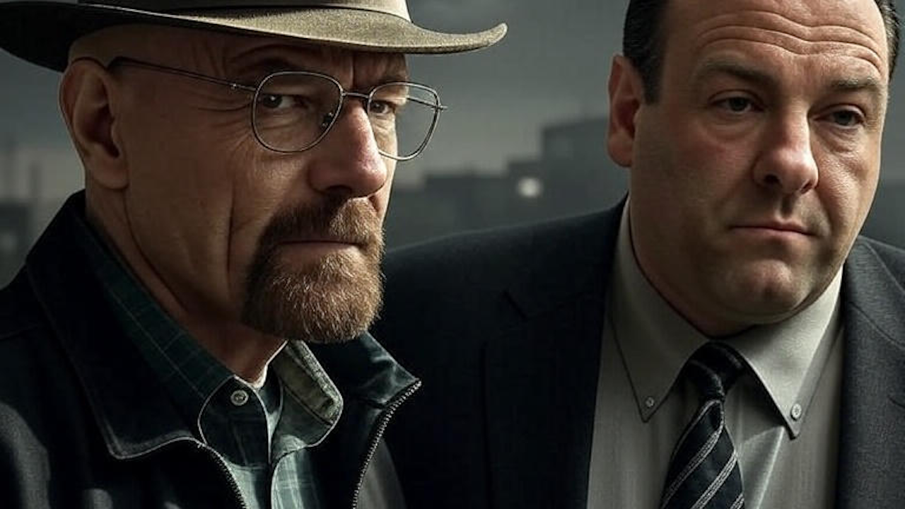 This image shows a man in a hat and glasses with a goatee(Walter White, Breaking Bad) standing next to another man in a suit and tie(Tony Soprano, The Sopranos).